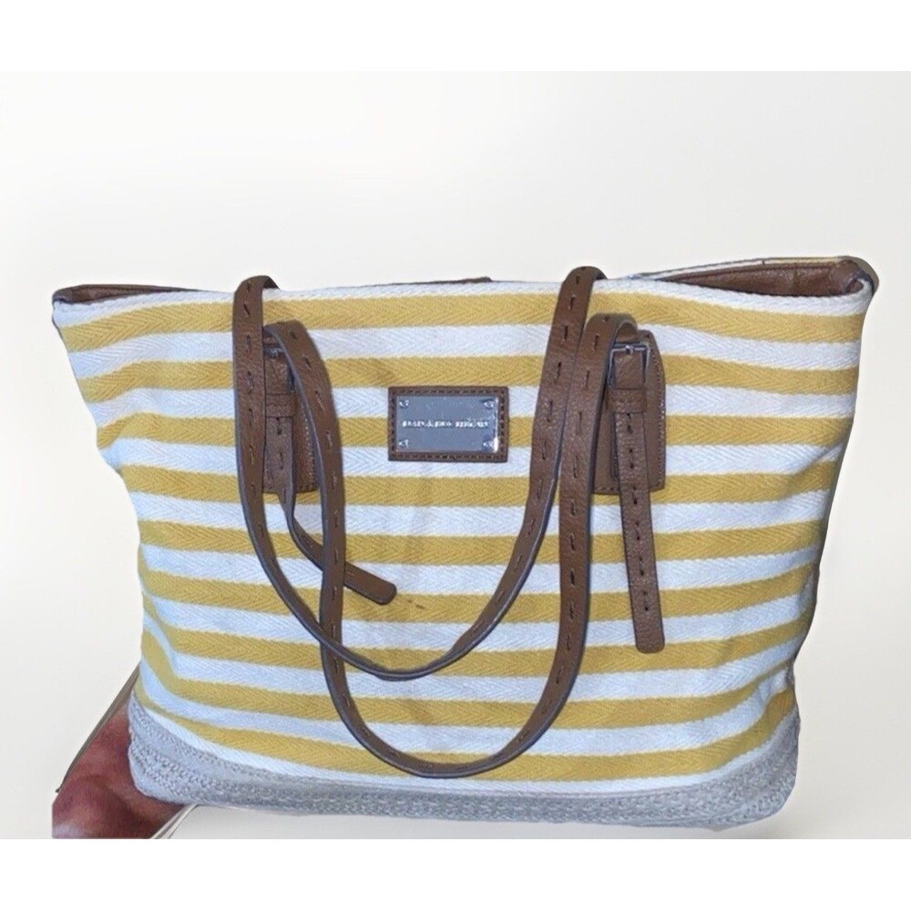 Dana Buchman Spring Summer Lined Tote Yellow & White Horiz Stripes Leather Strps